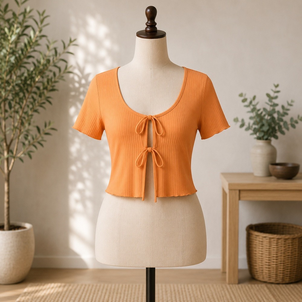 NWT O'Neill Ribbed Tie Front Crop Top‎  Large Orange Short Sleeve Scoop Neck